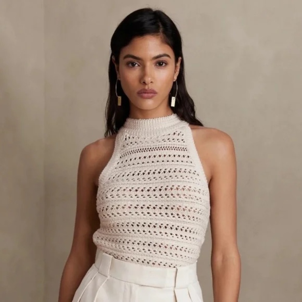 Banana Republic XL Coastal Life Halter Cotton Crochet Sweater Tank Top in Cream